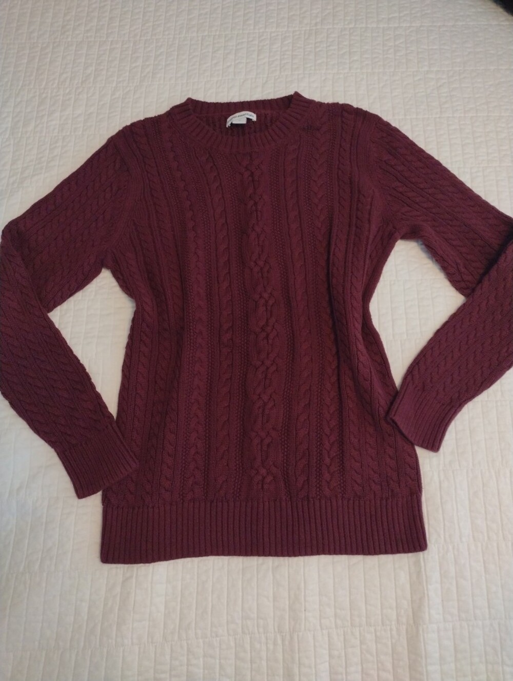 New Fisherman Women's M Burgundy Cable Knit Sweater 100% Cotton Chunky Crew Neck